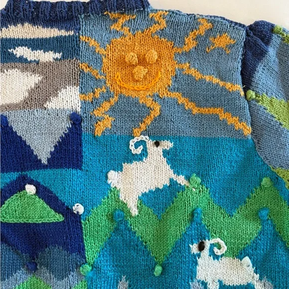 Colorful Hand-Knit Mountain & Sheep Cardigan - Blue/Green Palette - Picture 6 of 7